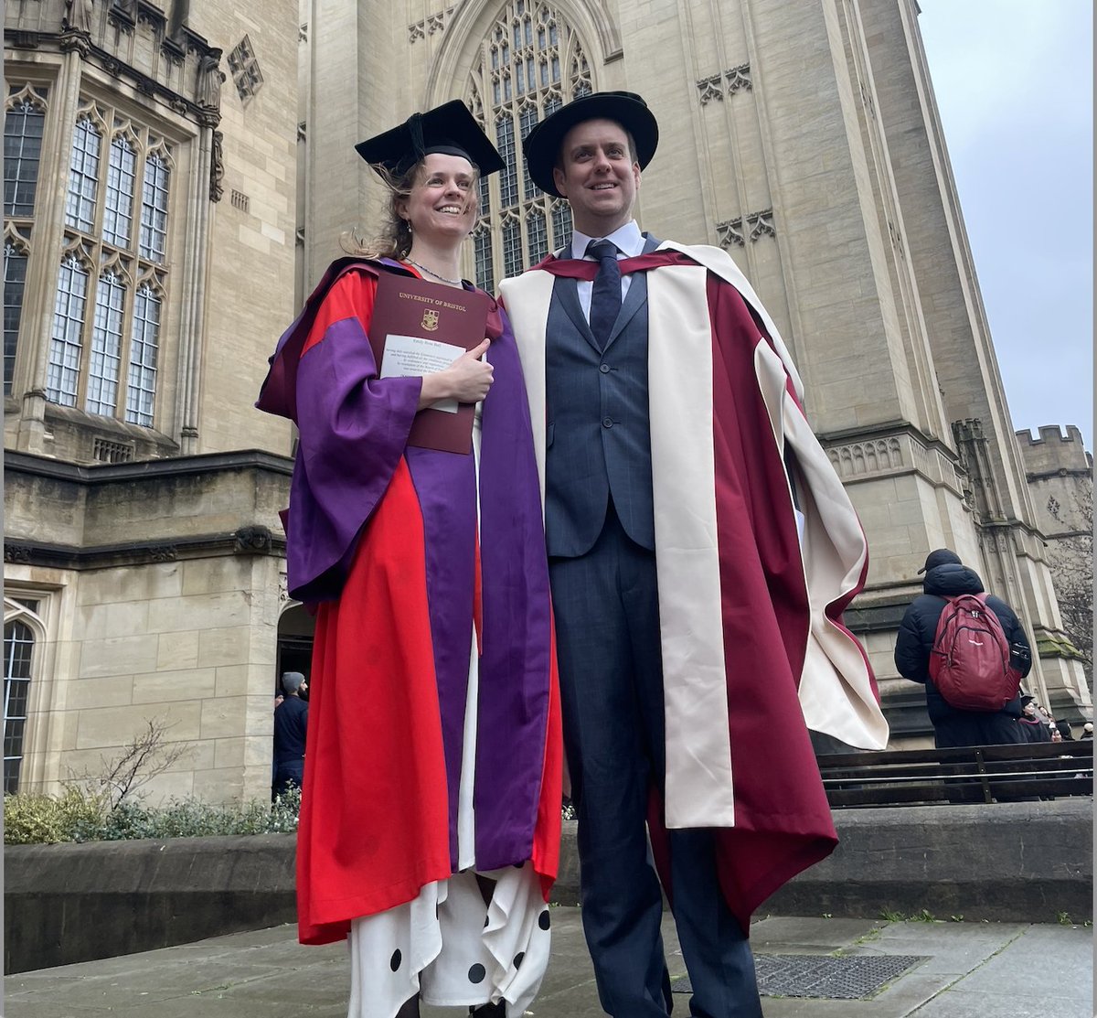 Excited to formally award a PhD to @EmilyRBall - such an outstanding thesis on atmospheric circulation on Mars. We thought we'd dress in red to be more at one with the red planet. My gown accurately depicts the polar layer deposits 😀
