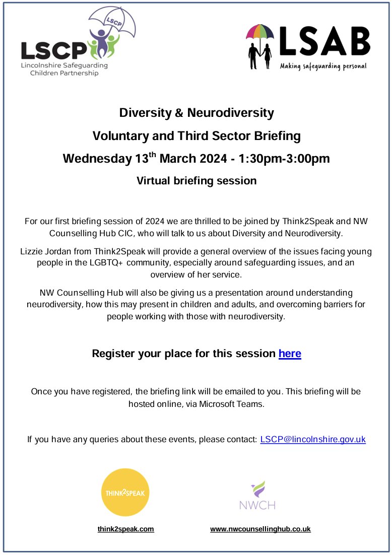 Voluntary & Third Sector Briefing Wed 13 March 2024 - 1:30pm-3:00pm Later this month @lincolnshirescp's first briefing session of 2024 will include @Think2Speak & @NWCHCIC, who will be talking about Diversity & Neurodiversity. Book: tinyurl.com/3663em2v #CYP #Lincolnshire