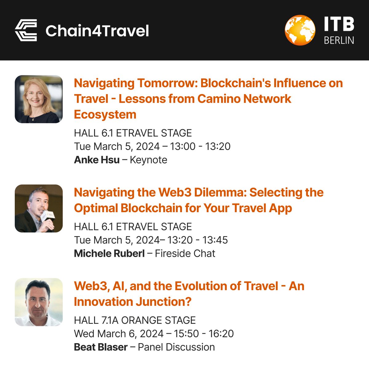 Chain4Travel (@chain4travel) on Twitter photo Want to stay ahead of the curve? Join us at <a href="/ITB_Berlin/">ITB Berlin</a>. 🚀
Our team will be on site to talk about the latest developments in the <a href="/camino_network/">Camino Network 🟣</a> and innovative #web3 applications. Be sure to stop by our booth in hall 5.1 / booth 123 and add our sessions to your agenda. Want to stay ahead of the curve? Join us at <a href="/ITB_Berlin/">ITB Berlin</a>. 🚀
Our team will be on site to talk about the latest developments in the <a href="/camino_network/">Camino Network 🟣</a> and innovative #web3 applications. Be sure to stop by our booth in hall 5.1 / booth 123 and add our sessions to your agenda.