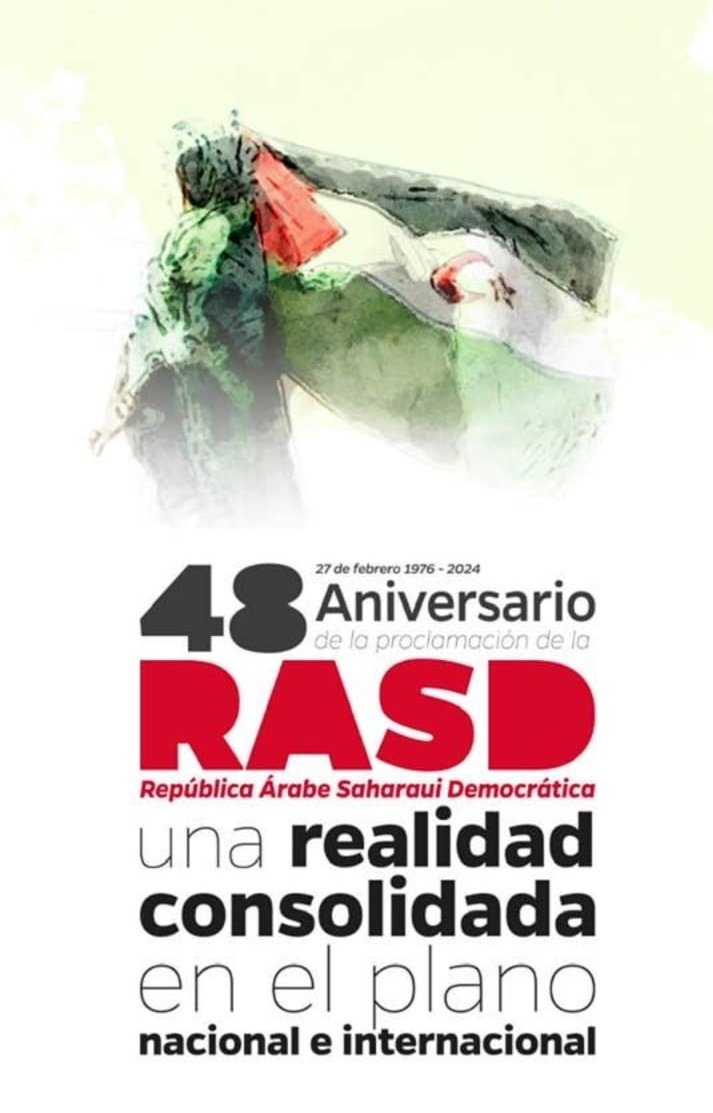 conasadh's tweet photo. It marks the 48th anniversary of the proclamation of the SADR🇪🇭.
The march of the Sahrawi people continues until victory.
Despite the denial and complicity of the imperialist powers, the F.Polisario remains firm in the face of all malicious maneuvers.
@_AfricanUnion @Polisario_Es https://t.co/8HYLslpNVT