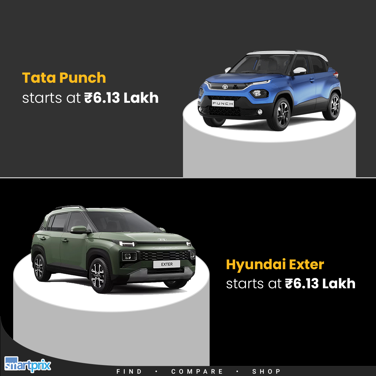 Smartprix's tweet photo. Battle of the compact SUVs! Tata Punch vs. Hyundai Exter - Compare features, specs, price to find your perfect match https://t.co/WLjGnW1O44
#Cars #CarsComparison #TataMotors #Hyundai #TataPunch #HyundaiExter https://t.co/6enMmgppUk