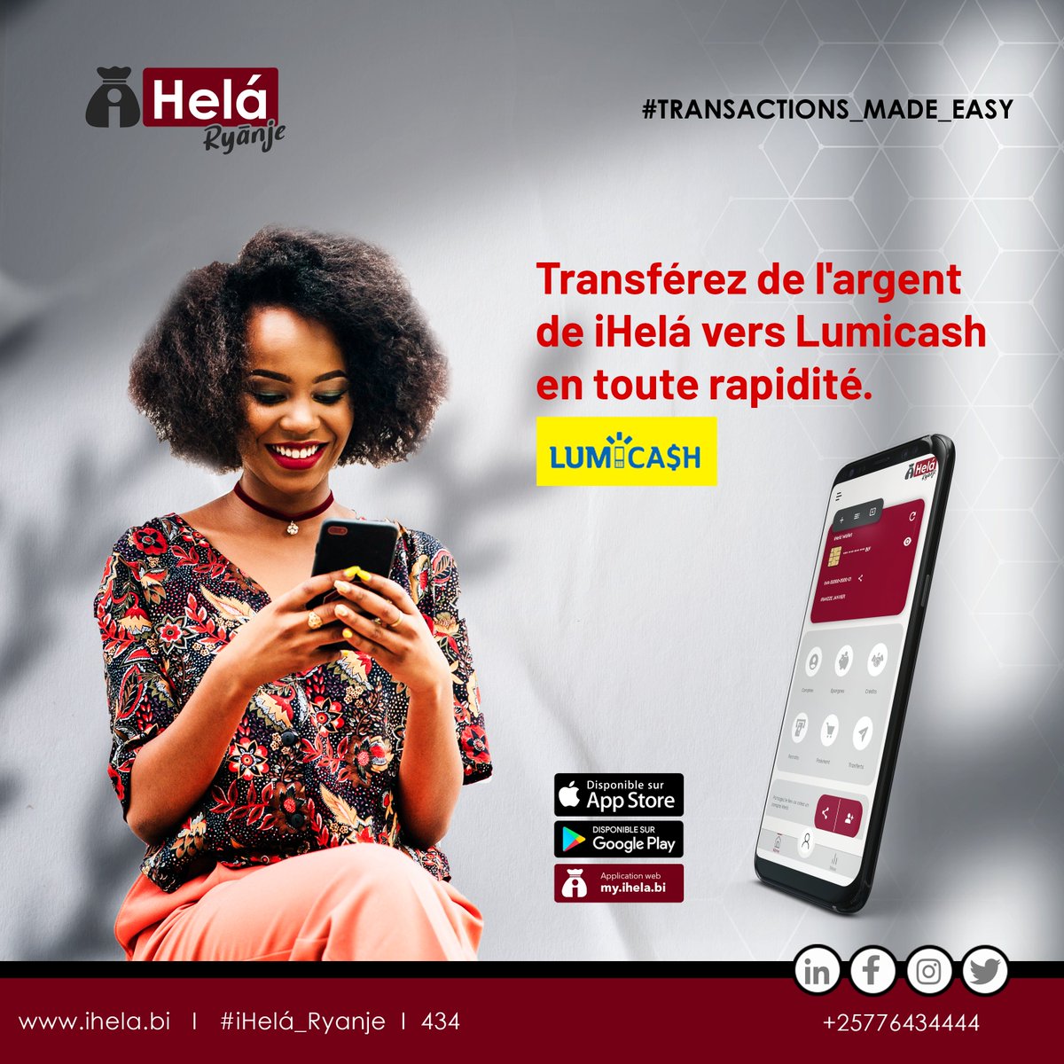 Avec votre application iHela Ryanje, vous pouvez transférer automatiquement de l'argent sur un numéro Lumicash. 

#iHelá_ryanje
#cashlesssociety
#transactions_made_easy
#mobile_money
#ihela_merchantservices
