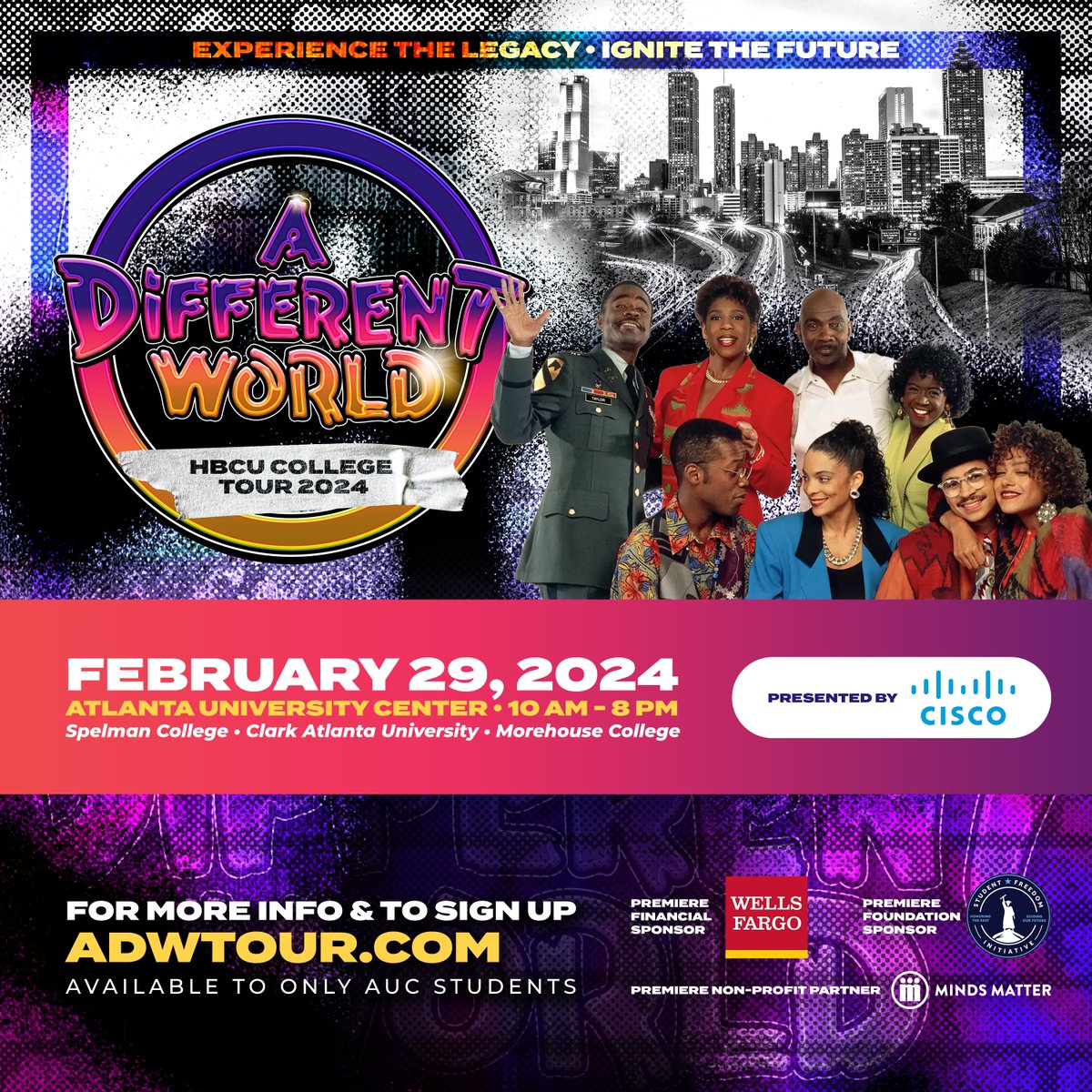 The iconic cast of A Different World will reunite on the Atlanta University Center campus on Thursday, February 29. We are excited to celebrate the 35-year legacy of a groundbreaking tv series. Learn more, visit ADWTour.com #ADWTour #HBCU #ADifferentWorld