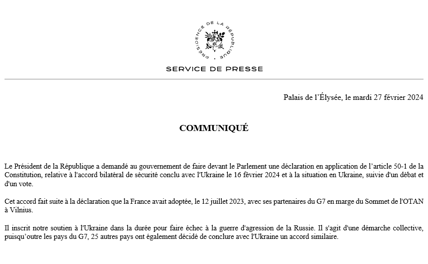 Cedsimon's tweet photo. Après les déclarations controversées d'Emmanuel Macron sur l'aide à l'Ukraine, l'Elysée annonce qu'un débat suivi d'un vote aura lieu au Parlement, dans la foulée d'une déclaration qu'y fera le gouvernement sur l'accord de sécurité conclu entre Paris et Kiev. https://t.co/arNGhswyiV