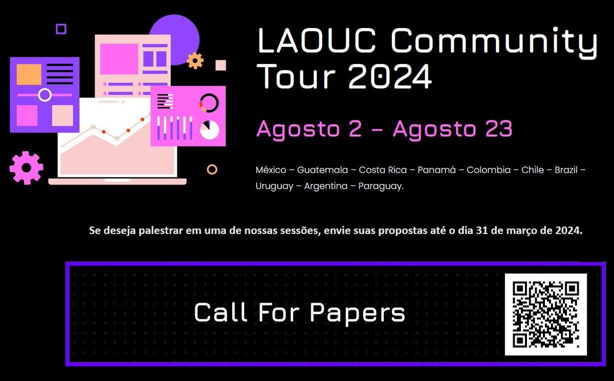 Fala pessoal.

O GUOB Tech Day 2024 acontecerá em SP no mês de Agosto.

O evento faz parte do LAOUC Oracle Community Tour 2024 e o C4P vai até 31/03/24.

Se você deseja participar como palestrante, envie suas propostas.

laouc.org/laouc-2024-cal…

#guob #guobtechday2024 #laouc