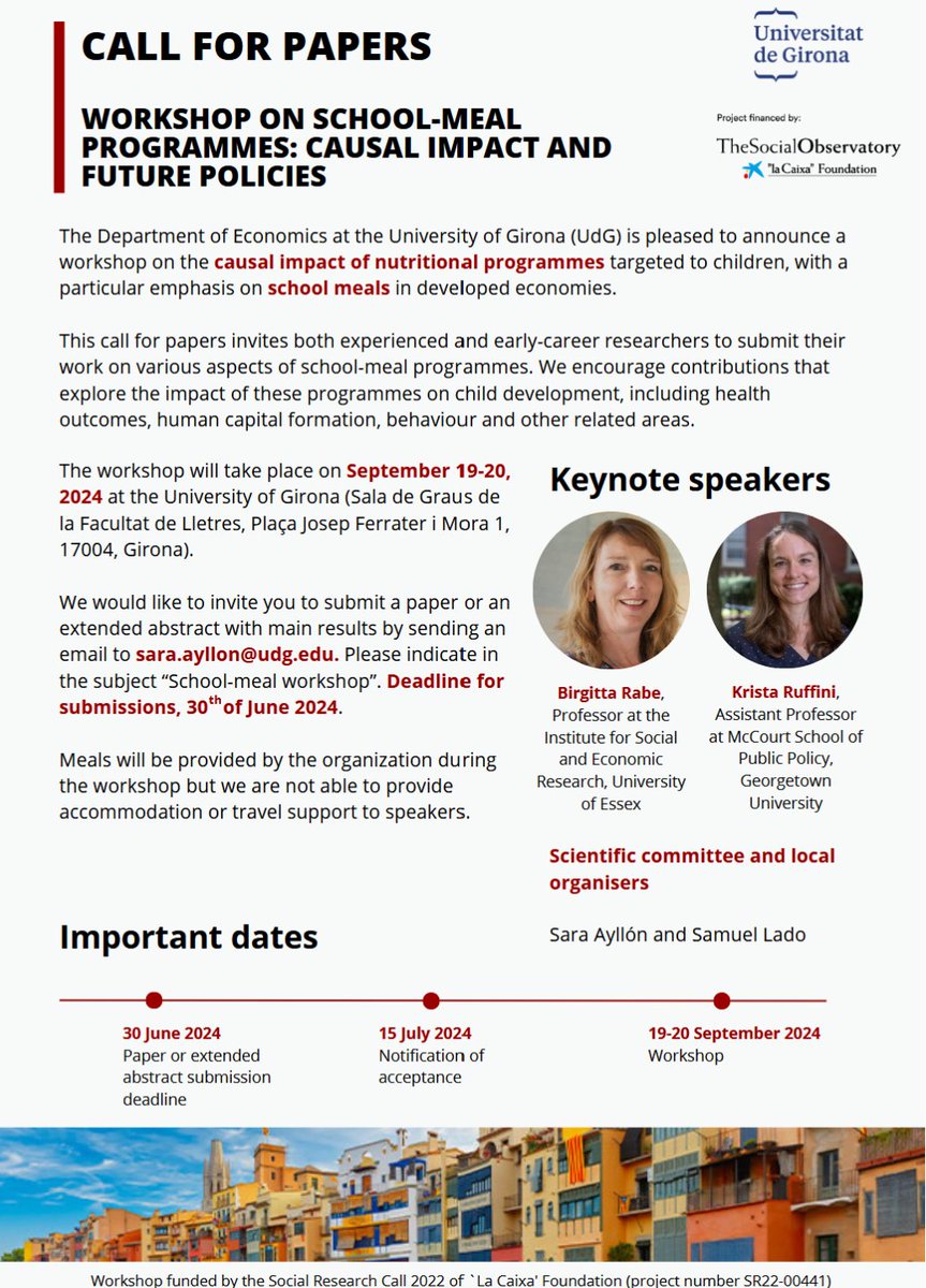 CALL FOR PAPERS! Together with @SamuelLF11, we are organising a workshop on school-meal programmes and their impact on child development. 19-20 of September at the University Girona. Our wonderful keynote speakers: Birgitta Rabe (@rabe_b) and Krista Ruffini (@KristaRuffini)