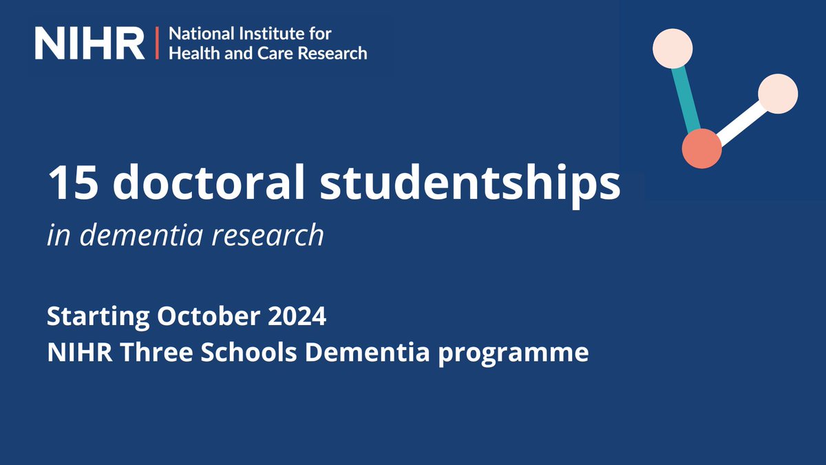 NIHR School for Social Care Research (@nihrsscr) on Twitter photo 🚨 15 new doctoral studentships from the <a href="/NIHRResearch/">National Institute for Health and Care Research</a> Three Schools Dementia programme
📢 Studentships relating to different areas of dementia practice available via 10 UK universities. More info here⬇️
sscr.nihr.ac.uk/15-doctoral-st…
<a href="/NIHRSPHR/">NIHR SPHR</a> <a href="/NIHRSPCR/">NIHR School for Primary Care Research</a> 🚨 15 new doctoral studentships from the <a href="/NIHRResearch/">National Institute for Health and Care Research</a> Three Schools Dementia programme
📢 Studentships relating to different areas of dementia practice available via 10 UK universities. More info here⬇️
sscr.nihr.ac.uk/15-doctoral-st…
<a href="/NIHRSPHR/">NIHR SPHR</a> <a href="/NIHRSPCR/">NIHR School for Primary Care Research</a>