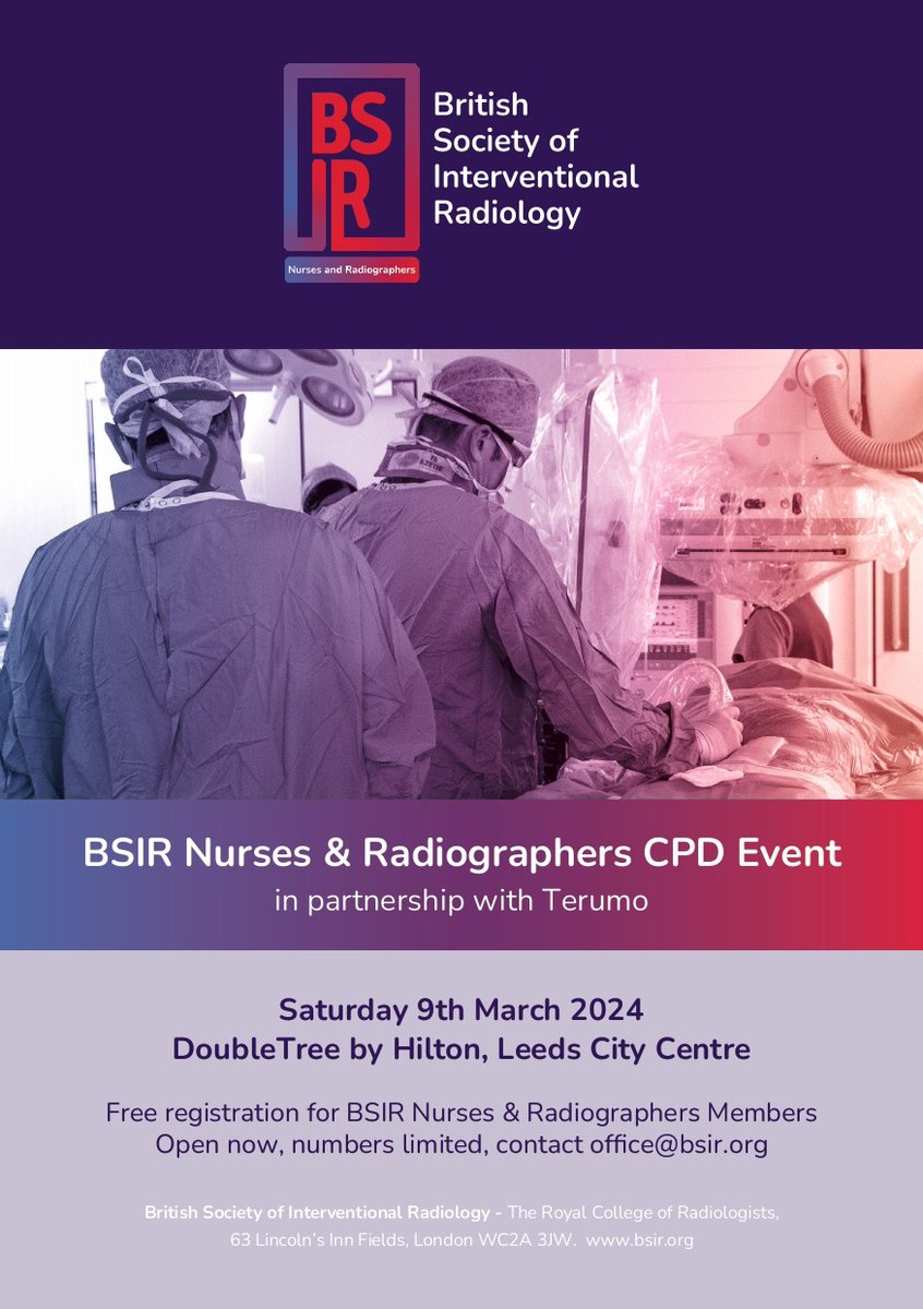 BSIR_News's tweet photo. BSIR Nurses &amp; Radiographers CPD Event!
9 Mar 24 at DoubleTree, Leeds.
Delve into sessions on patient prep, sedation, vascular access &amp; more. Plus, workshops by Terumo, Argon, &amp; others.
Don't miss out!
Details:  https://t.co/j5bYnqGrHs

#CPDEvent #MedicalCPD @SIRNRchat @terumoisuk https://t.co/SyDyDPDxhj