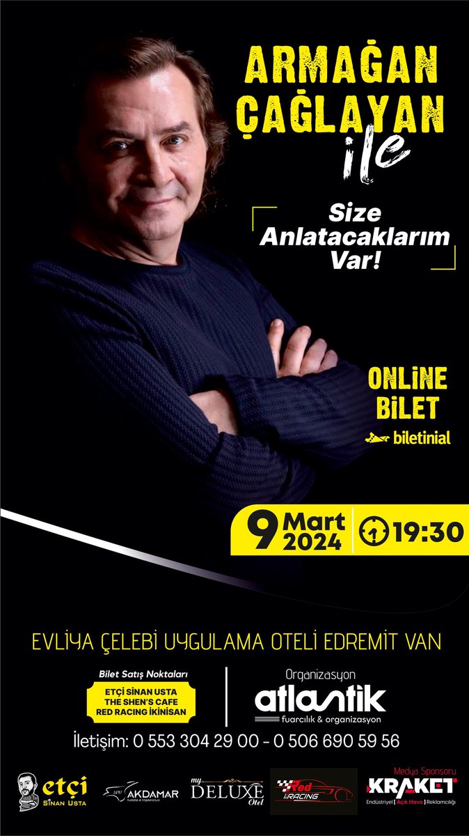 Armağan Çağlayan Van'a geliyor.

Çağlayan'ın "Size Anlatacaklarım Var" programı 9 Mart'ta 19:30'dq Evliya Çelebi Uygulama Otelinde olacak.

İletişim için telefon numarası: 0553 304 29 00