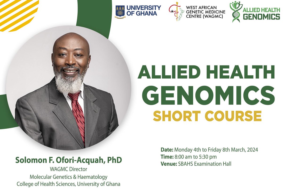 Count down #6daystogo #ahgshortcourse Meet the Faculty for the #ahgshortcourse Prof. Ofori-Acquah is a Professor of Medical Laboratory Sciences at the University of Ghana, an Associate Professor of Medicine and Human Genetics at the University of Pittsburgh, USA