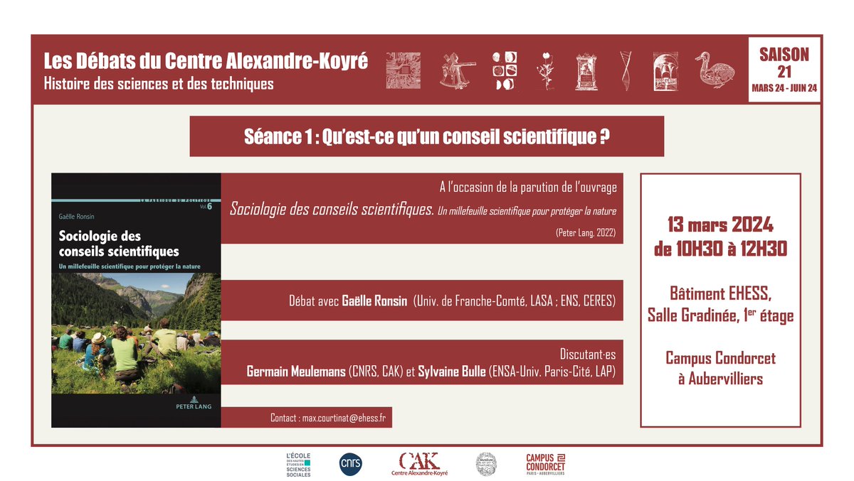 🗓️le 13 mars #DébatsDuCAK dédié à l'ouvrage 'Sociologie des conseils scientifiques' de Gaëlle Ronsin ! Rdv en Salle Gradinée dans le bâtiment EHESS du Campus Condorcet de 10h30 à 12h30 👉Plus d'info : rb.gy/f59su2