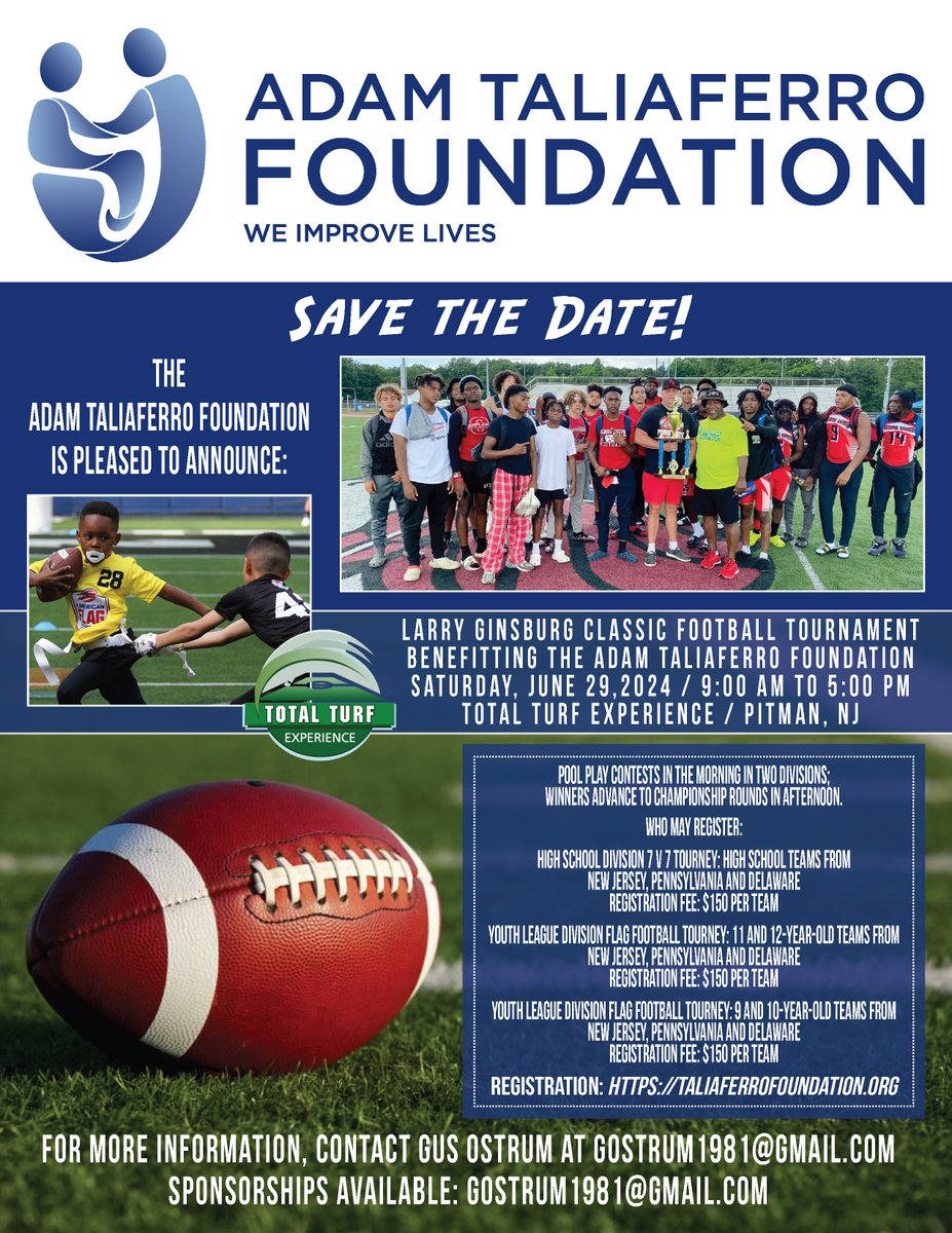 The Adam Taliaferro Foundation will hold the 5th Annual Coach Larry Ginsburg Football Classic, an exciting tournament featuring local high school and youth flag football teams on Saturday, June 29, at Total Turf Experience in Pitman, NJ.
Read more:
taliaferrofoundation.org/7-x-7-football…
#Tali43