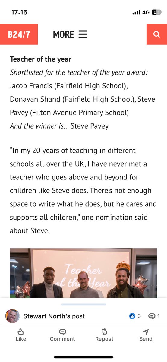 paveysteve's tweet image. A lovely article on B24/7 about the Horfield and Lockleaze Awards. 
#TeacheroftheYear2024