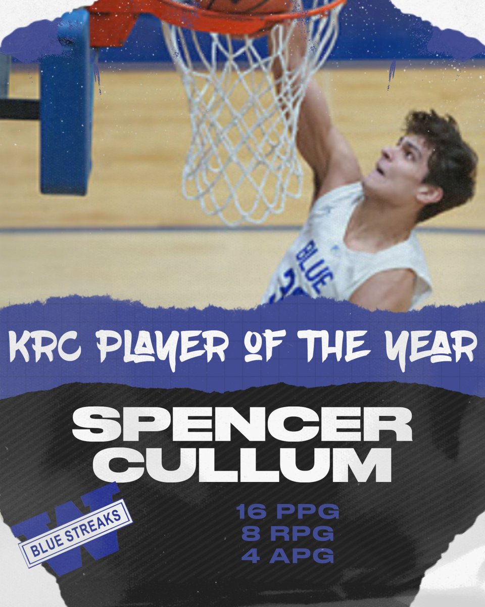Congratulations to Spencer Cullum on being named the KRC Player of the Year! Spencer finished his HS career third all time at Woodstock High School in points (1,162), first in rebounds (593), and sixth in assists (220). Kudos! #bluepride