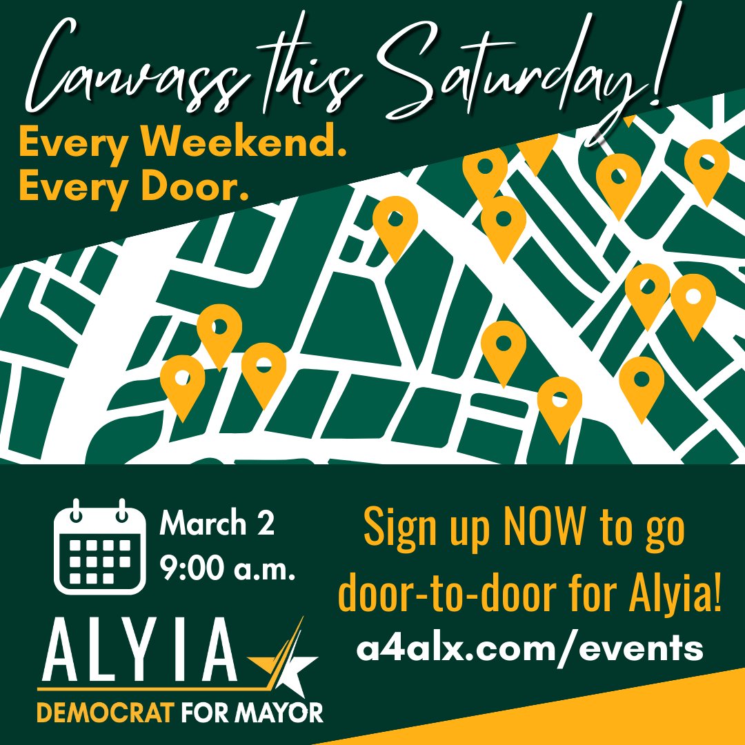 Alyia4ALX's tweet photo. π’ Calling all supporters! Join us this Saturday, March 2nd, at 9:00 AM for another exciting canvass with Team Alyia Gaskins! πΆββοΈπͺ Let's make a difference together! Sign up now at π https://t.co/5zRA6DdEVe #CanvassSaturday https://t.co/ZJz6qBo8qc