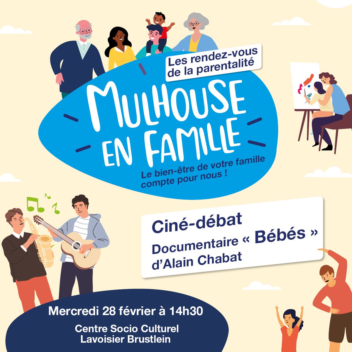[#Parentalité] 📢 Mercredi 28 février, à 14h30, au CSC Lavoisier, aura lieu la projection du film « Bébés » d’Alain Chabat, suivie d’un échange avec un professionnel de la parentalité et des ateliers parents-enfants. 👪

➡️ Inscription dans la limite des places disponibles