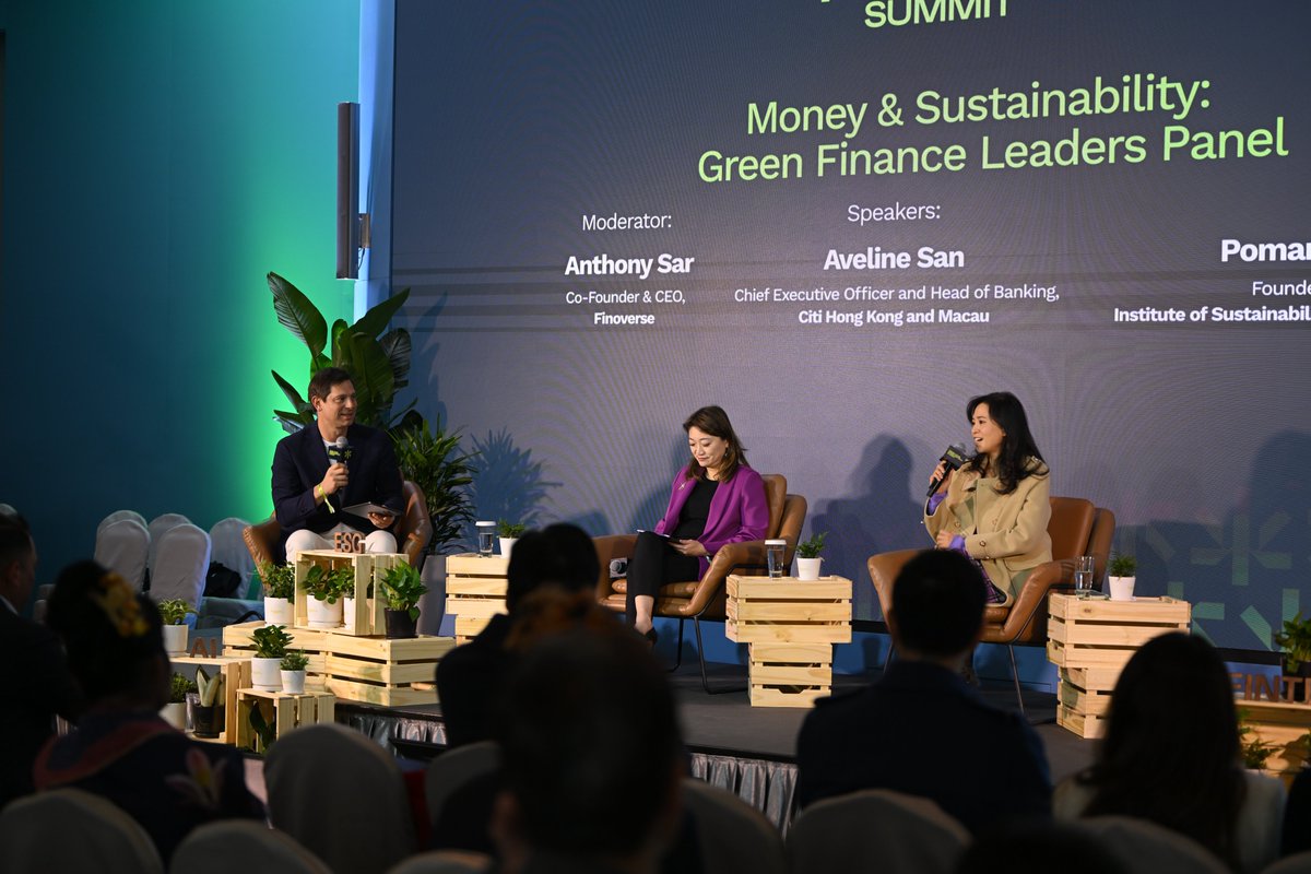 During the 'Money & Sustainability: Green Finance Leaders Panel', @Finoverse's CEO Anthony Sar moderated @Citi HK & MO's Aveline San and Poman Lo, Founder of IST. Aveline of Citi discussed💭: Delivering $1T sustainable financing through partnerships and how impact investments…