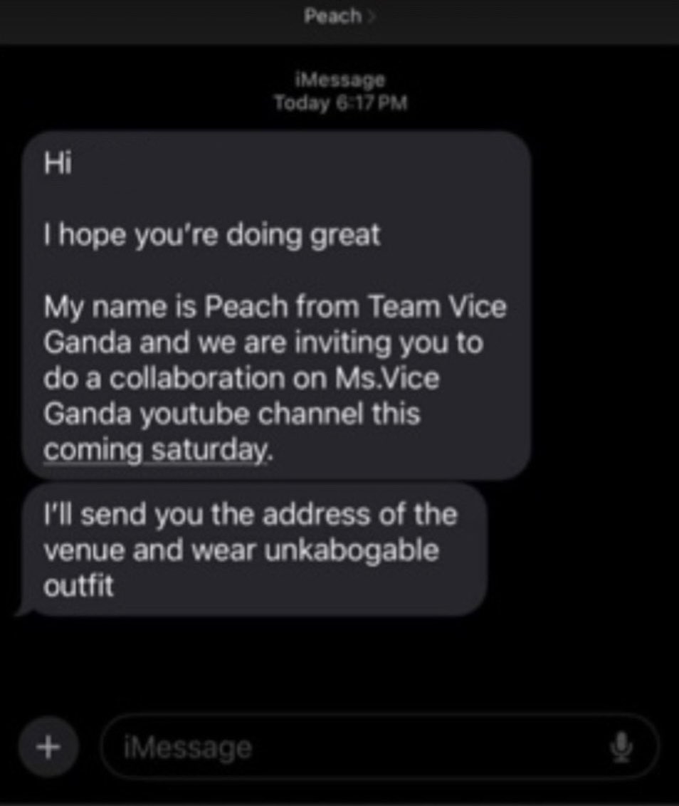 ‘WAG MAGPAPA-SCAM ❌ ‘Wag agad magpapaniwala sa mga ganitong messages! Walang “Peach” sa team namin. Kung may kakausap man sainyo, yun ay ang official accounts ng Team Vice! Ako lang!!! 😤😤 Twitter: teamvicePH Instagram: teamviceph TikTok: teamvice_ph