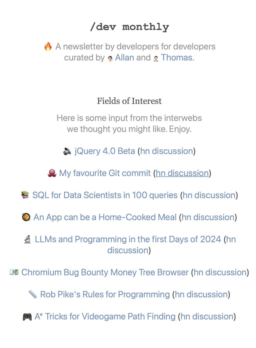 Issue No. 45 of /devmonthly has been sent! ✉️💨 Gems from the interwebs, talks and open positions 🥽 devmonthly.com/issues/45 If you like the digest share it on social or send it to a friend ✨ If you already are a subscriber or follower — Thank you! 💕 #dev #code #talent