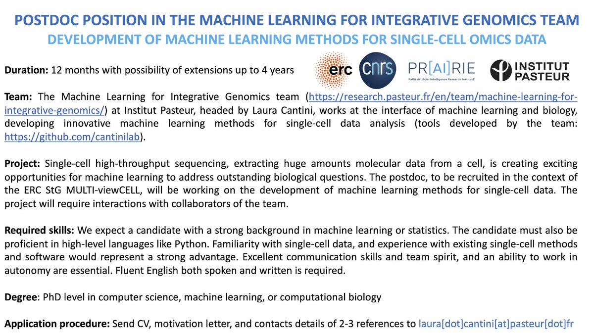 Looking for a postdoc to join my team @institutpasteur @CNRS @InstitutPrairie. The candidate will develop machine learning methods for single-cell omics data. Project funded by the #ERCStG MULTI-viewCELL