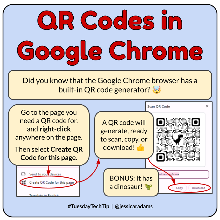 👍It's time for a #TuesdayTechTip! Did you know that the @googlechrome browser has a built-in QR code generator? So easy to make those codes! 🦖Plus the codes have a dinosaur! 💗 That's a win in my book! @GoogleForEdu #GoogleET