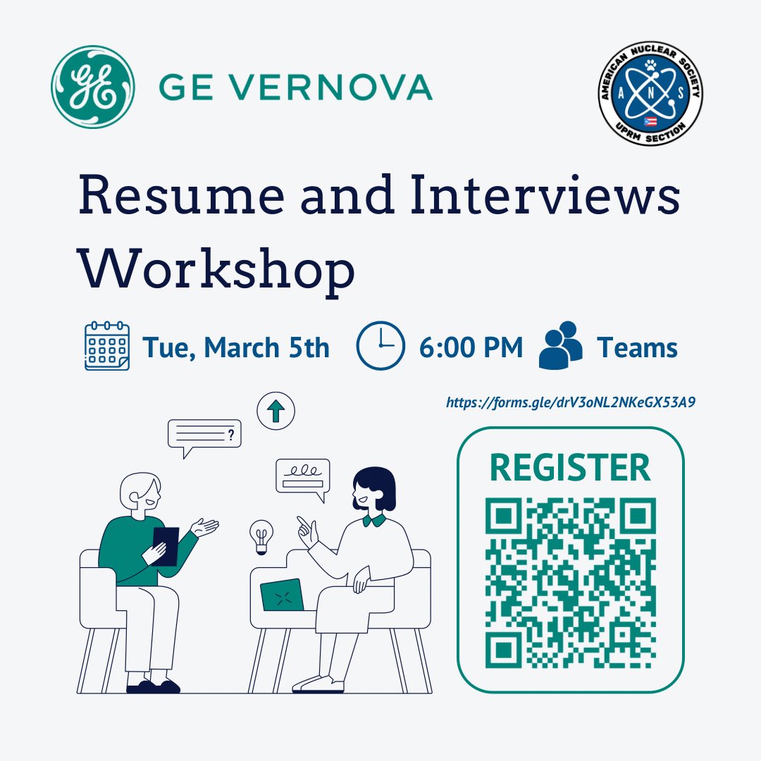 Join us Tuesday, March 5th at 6:00PM via Teams to level up your resume and interview skills with GE Vernova! 📄🤝⚛️ Register: forms.gle/drV3oNL2NKeGX5…