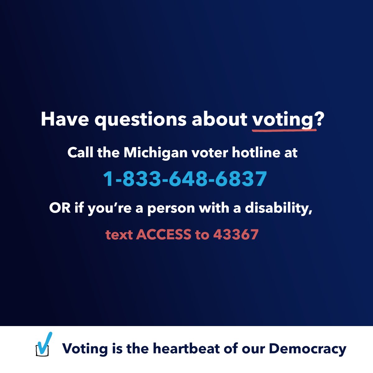 Today is Election Day. Remember — your vote is your voice! Let's uphold the integrity of our democracy by participating in the electoral process. Visit Michigan.gov/Vote for
voter resources and make your voice heard at the polls.