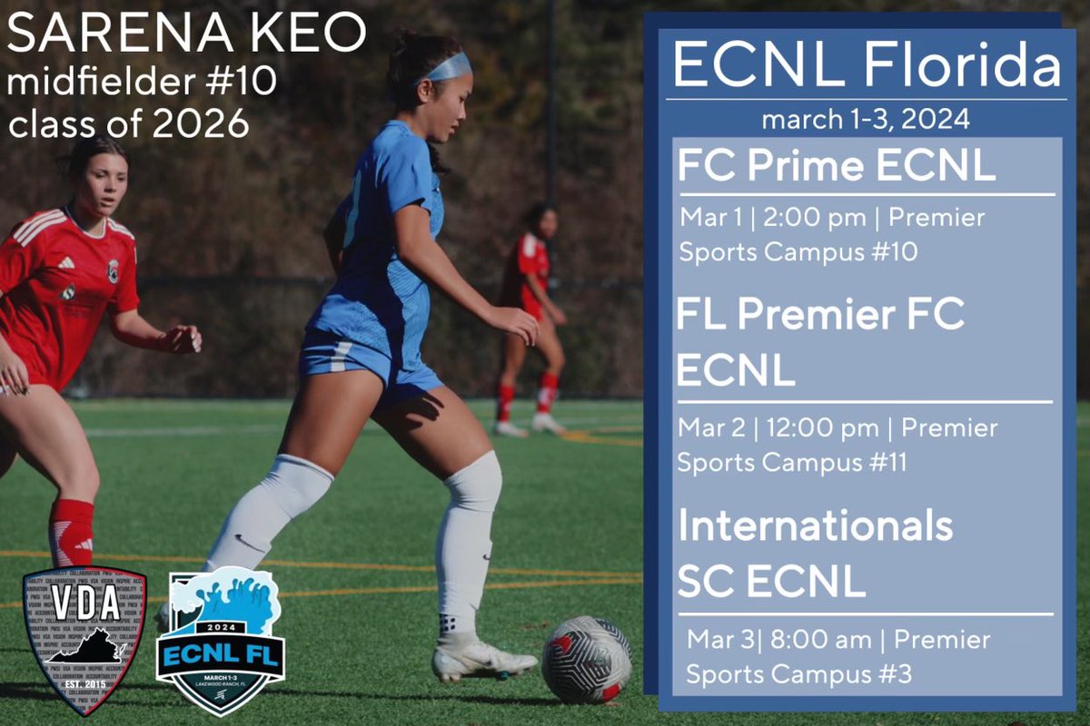 Sarena Keo (@sarenakeo) on Twitter photo So excited to have the opportunity to play up with the 2006’s at <a href="/ECNLgirls/">ECNL Girls</a> florida this weekend!
<a href="/ImYouthSoccer/">ECNL/GA/Recruiting/College Soccer</a> <a href="/PrepSoccer/">Prep Soccer ⚽️</a> <a href="/ImCollegeSoccer/">College Soccer Truth ™</a> <a href="/TheSoccerWire/">SoccerWire</a> <a href="/TopDrawerSoccer/">TopDrawerSoccer</a> So excited to have the opportunity to play up with the 2006’s at <a href="/ECNLgirls/">ECNL Girls</a> florida this weekend!
<a href="/ImYouthSoccer/">ECNL/GA/Recruiting/College Soccer</a> <a href="/PrepSoccer/">Prep Soccer ⚽️</a> <a href="/ImCollegeSoccer/">College Soccer Truth ™</a> <a href="/TheSoccerWire/">SoccerWire</a> <a href="/TopDrawerSoccer/">TopDrawerSoccer</a>