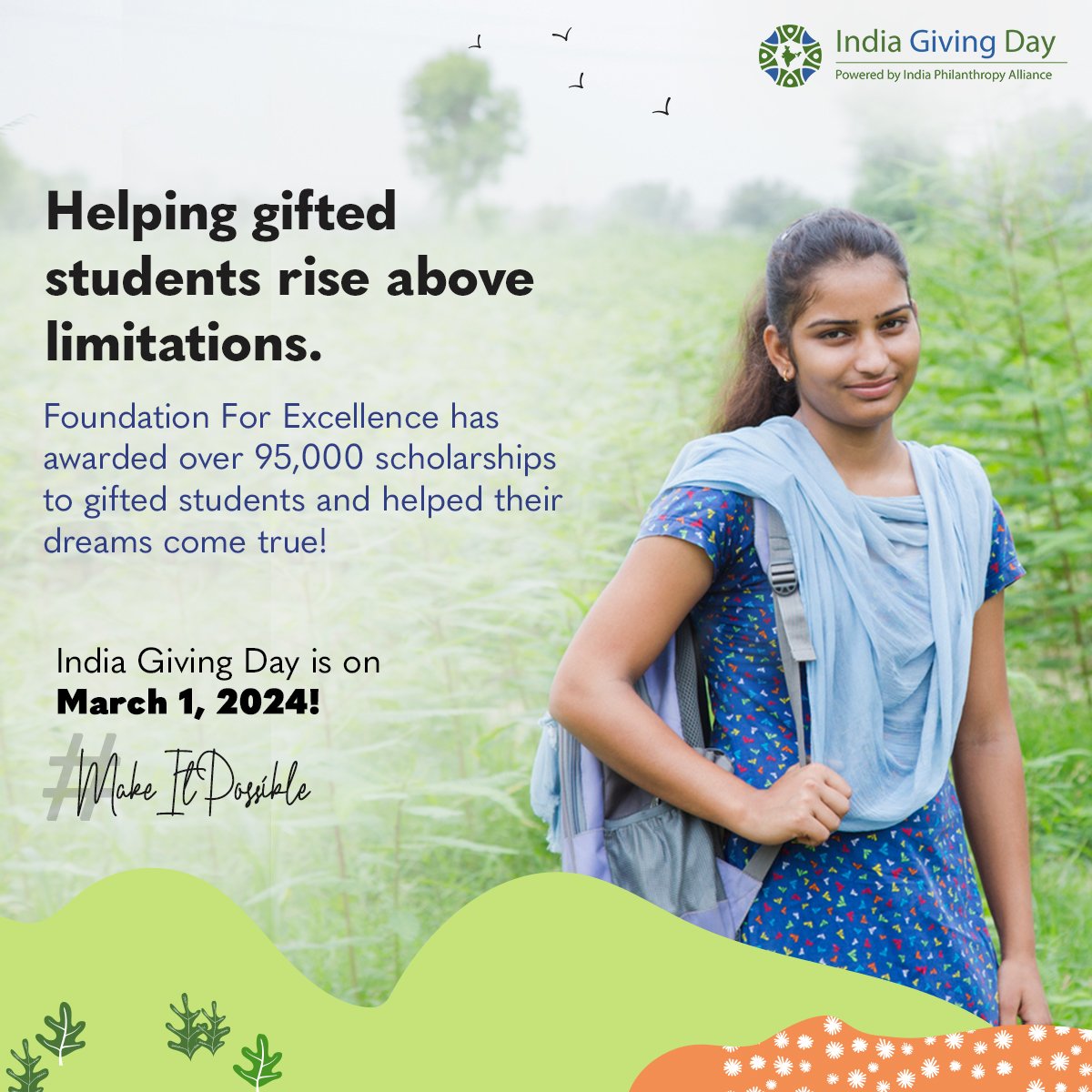 phil_india's tweet image. Foundation for Excellence has made it their mission to provide scholarships to promising students who are unable to pursue higher education due to financial constraints. Support @FFE_US on #IndiaGivingDay to empower the scholars of tomorrow!​

#MakeItPossible