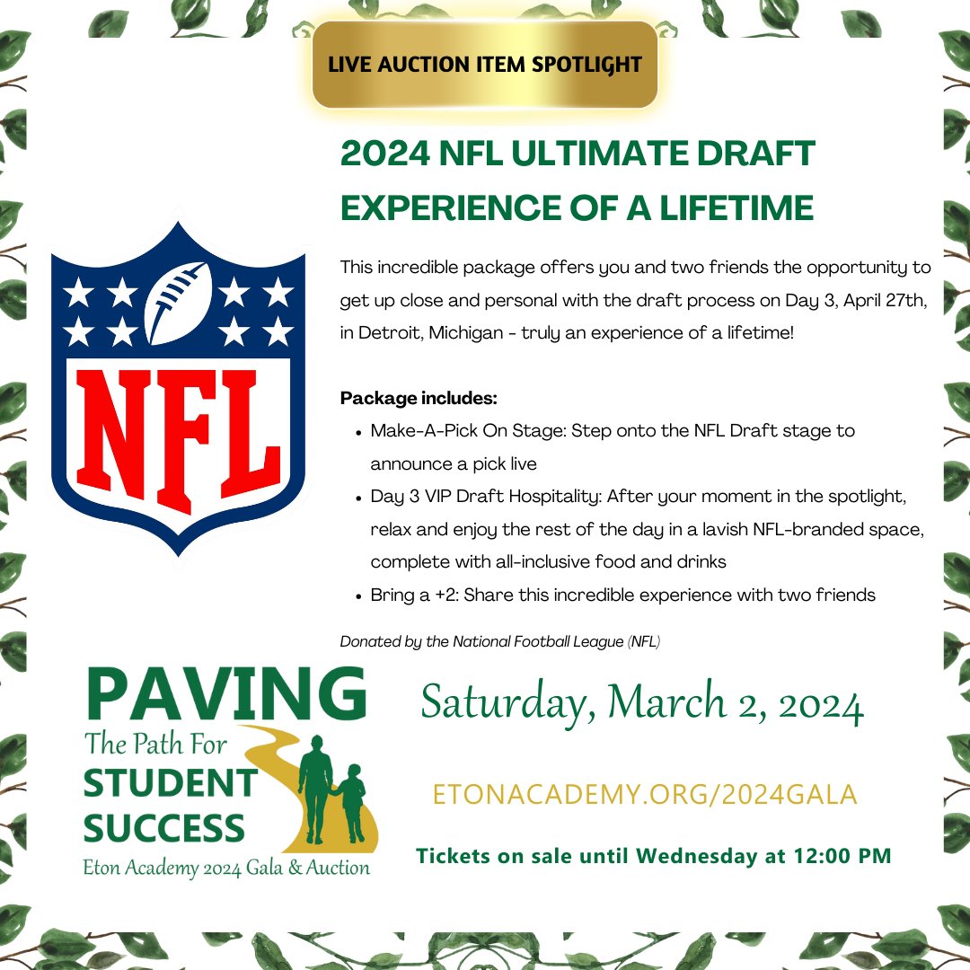 TheEtonAcademy's tweet image. Next Live Auction Item Sneak Peek…courtesy of the NFL!!
Tickets are on sale until NOON tomorrow!
Get your tickets now! etonacademy.org/giving/2024-ga…
.
.
.
#EtonAcademy #EtonApproach #IndividualizedLearning
