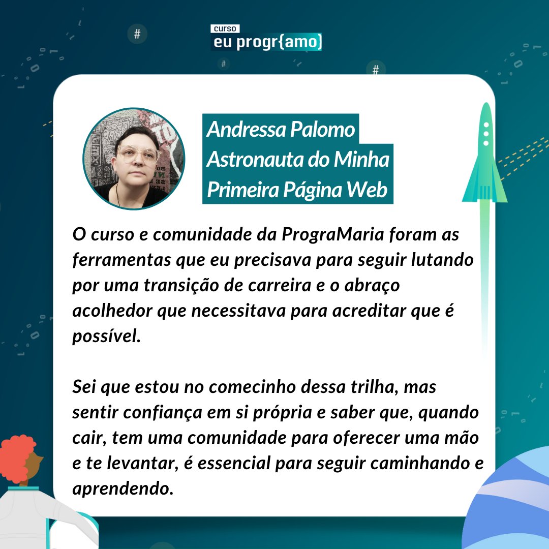 programaria's tweet image. A Andressa, nossa querida Astronauta, compartilhou como foi estudar com a gente em seu processo de transição de carreira e participar da nossa comunidade. 🥰
Parabéns por ter dado esse passo, Andressa! É só o começo! 🚀💜
#transicaodecarreira #comunidade #programacaoweb