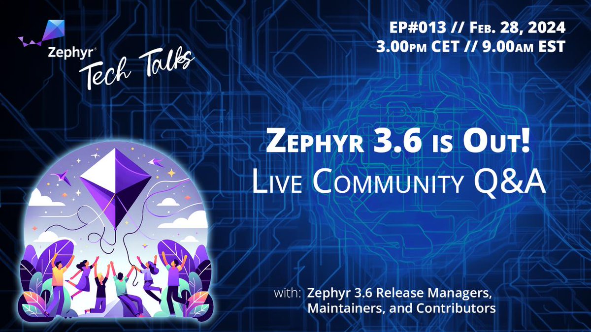 Do you have questions about the #ZephyrRTOS 3.6 release? We have answers! Join us on Wednesday, Feb 28 at 6 am PST/9 am EST for this special edition of the @ZephyrIoT #TechTalks. Subscribe to the livestream here: hubs.la/Q02mj5RR0 #opensource #embedded #RTOS