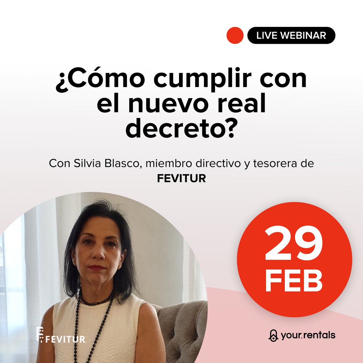 Únete a nosotros para un seminario web especial donde puedes chatear directamente con Silvia Blasco, Miembro de la Junta de <a href="/Fevitur/">Fevitur</a> y el experto Álvaro Graciani. Obtén información sobre cómo cumplir con el nuevo #RealDecreto 933/2021 sin esfuerzo.
bit.ly/3wFJzll