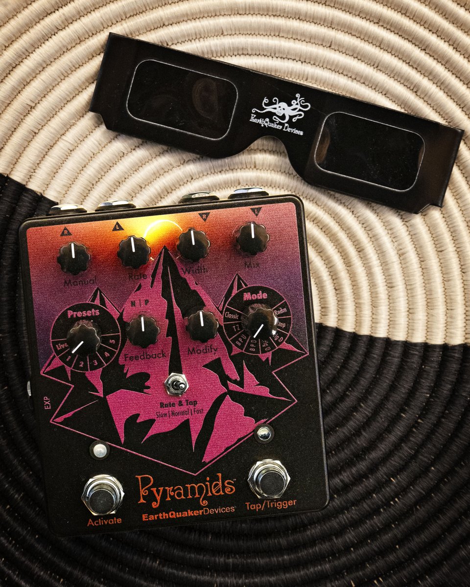 In anticipation of the total solar eclipse on April 8, we’re releasing a limited edition Pyramids Stereo Flanging Device. The Pyramids Eclipse features an updated graphic on a matte black enclosure and includes a pair of solar eclipse glasses. earthquakerdevices.com/dealers