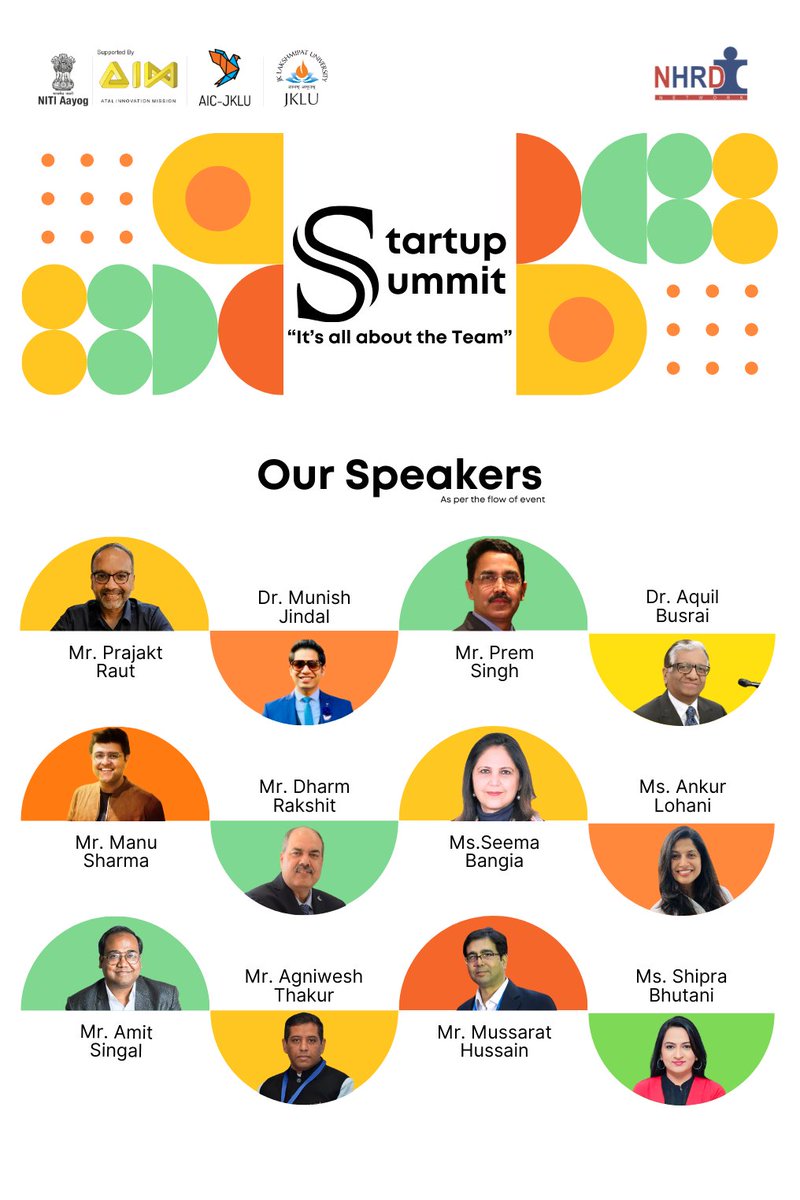 Introducing our lineup of speakers for the Startup Summit! Join us as we welcome dynamic startup founders, HR heads, CEOs, and esteemed directors to share their insights. AIC-JKLU in collaboration with NHRDN, this Summit promises an exciting showcase of innovation. #aicjklusummit