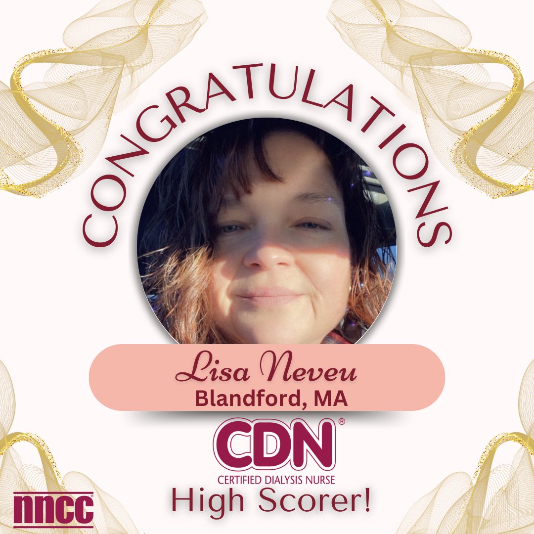 Good morning! Let's congratulate Lisa for achieving the CDN highest score in 2023!  Great job Lisa!

#nephrology #nephrologynurse #nephrologynursing #dialysis #dialysisnurse #dialysistech #dialysistechnician #highscore #HighScoreChallenge
