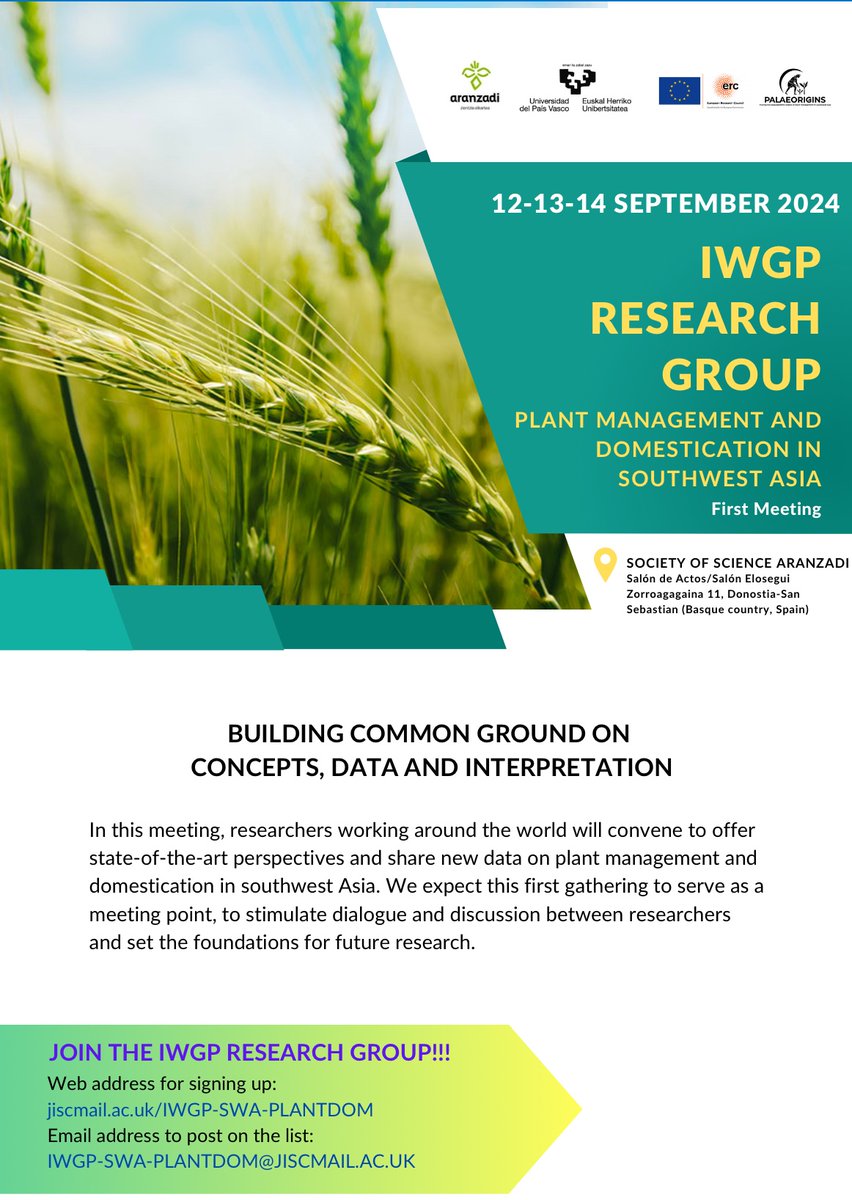 ERC_Paleorigins's tweet photo. ๐We are very happy to announce that we will host the first meeting of the IWGP research group "Plant management and domestication in southwest Asia"๐พ
which will take place on the 12-14th of September, please safe the dateโผ๏ธ
More info ๐๐ผ https://t.co/kFakj5Hyl9