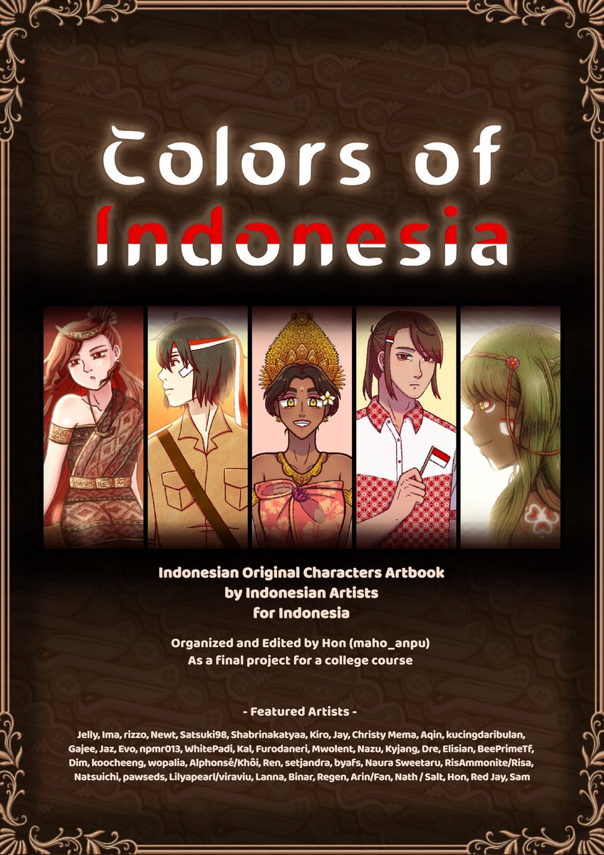 ✨🇮🇩Colors of Indonesia🇮🇩✨

An artbook of Indonesian OCs by Indonesian artists ❤️🤍
(And a research project for a college course)

~~A THREAD 🧵~~
#ocsbase #artidn #zonakaryaid #ArtistofIndonesia