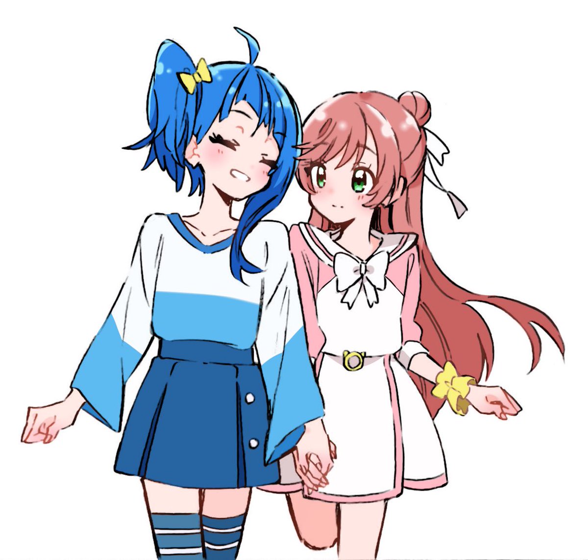 nijigaoka mashiro ,sora harewataru multiple girls 2girls blue hair green eyes smile thighhighs holding hands  illustration images