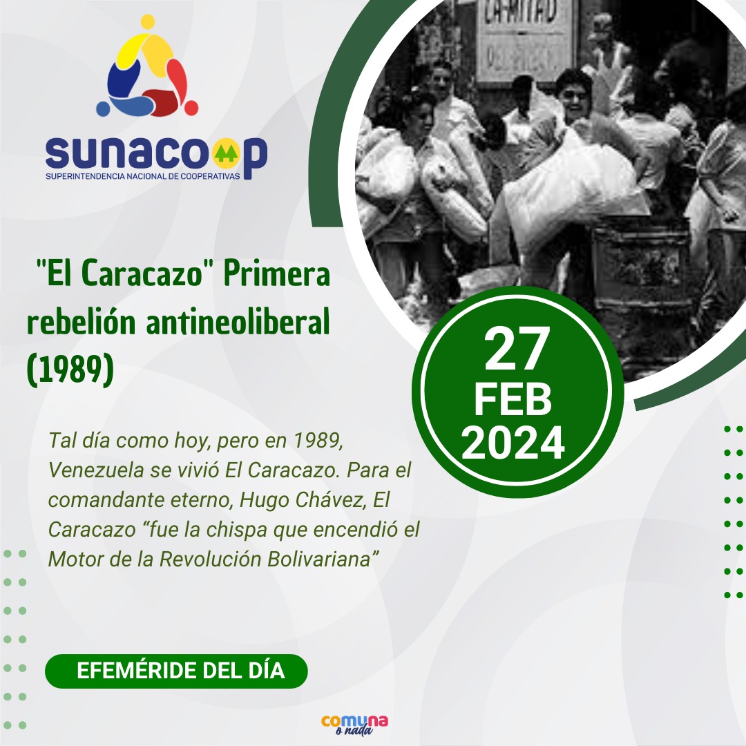 Tal día como hoy, pero en 1989, Venezuela vivió El Caracazo. Para el comandante eterno, Hugo Chávez, El Caracazo “fue la chispa que encendió el Motor de la Revolución Bolivariana”
#Efemerides

<a href="/NicolasMaduro/">Nicolás Maduro</a> 
<a href="/hvargas1979/">Hernán Vargas</a> 
<a href="/EulaliaTabares/">Eulalia Tabares</a>