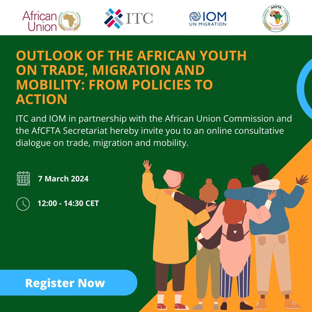 IOMatAU's tweet image. Join @UNMigration, @_AfricanUnion, @ITCnews, &amp;amp; @AfCFTA
📅7 March 2024
⏰12:00-14:30 CET
for a Dialogue to capture the voices of African youth on #trade, #migration &amp;amp; #mobility.

Let's turn policies into action &amp;amp; shape a better future together! 

REGISTER: tinyurl.com/IOM-ITC-AU-AfC…