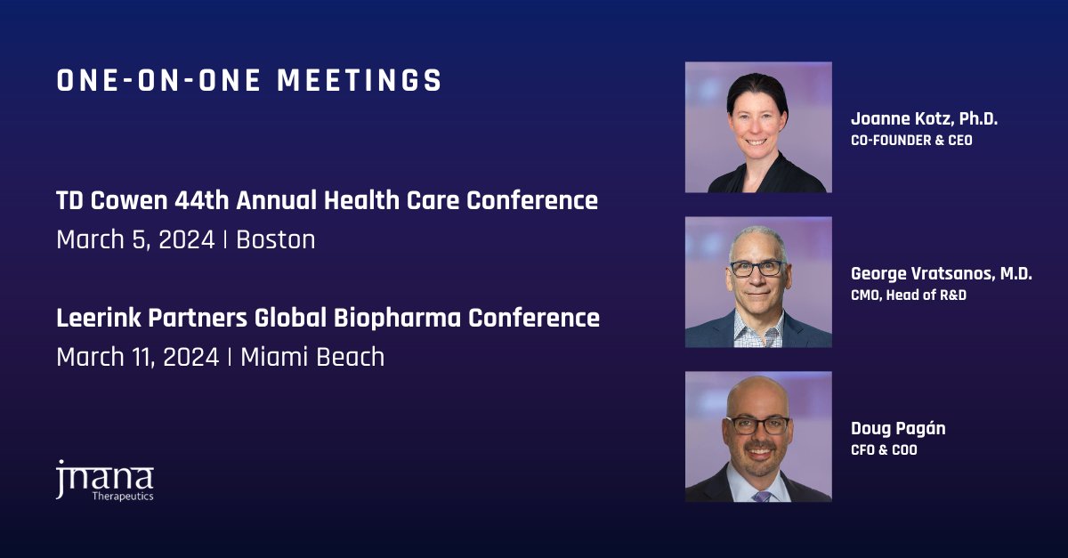 CEO @JoanneKotz, PhD., CMO George Vratsanos, MD., and CFO Doug Pagán will participate in 1:1 meetings at the @TDCowen 44th Annual Health Care Conference and Leerink Partners Global Biopharma Conference. bit.ly/3SXjbLk Will we see you there? #biotech #drugdiscovery
