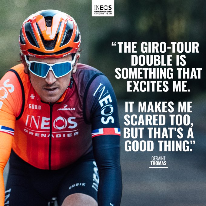 Graphic of G and a quote: "The Giro-Tour double is something that excites me. It makes me scared too, but that's a good thing."