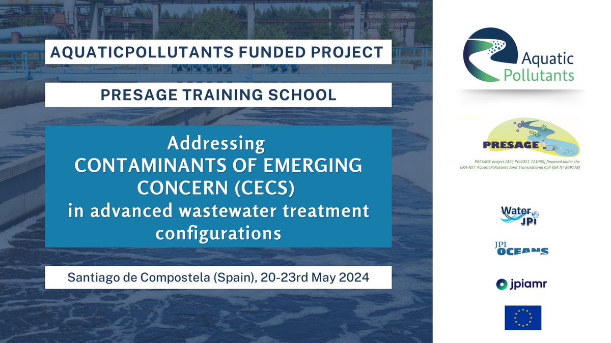 WaterJPI's tweet image. Sign-up for the Presage Training school "Addressing Contaminants of emerging Concern in waste water treatment" in Spain on May 2024 
✍ Registration until March 4th
📢 DON’T MISS IT!
to know more: waterjpi.eu/resources/news…

#AquaticPollutants #WasteWaterTreatment #CECs