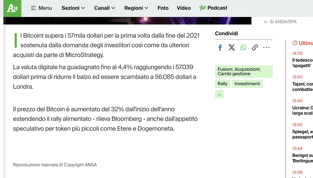 From <a href="/Agenzia_Ansa/">Agenzia ANSA</a>: i BITCOINT superano 57k.
Ottimi rialzi per Etere e Dogemoneta.

Cosa mai potrebbe andare storto..