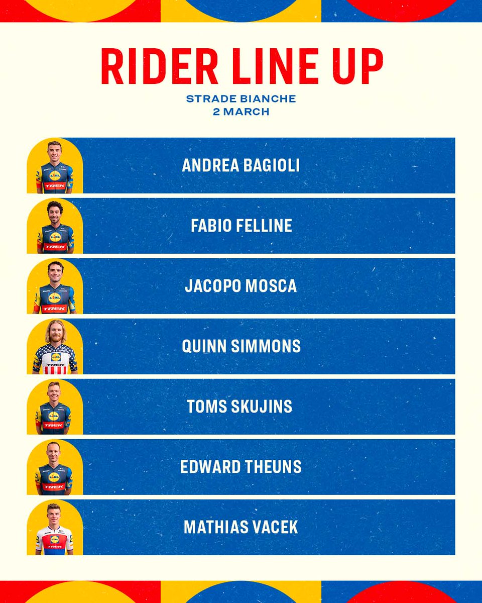 Who, like us, can't wait to see the riders on the Italian 🇮🇹white roads? 🙌

<a href="/StradeBianche/">Strade Bianche</a> is on the horizon and this is our men squad for it 👇