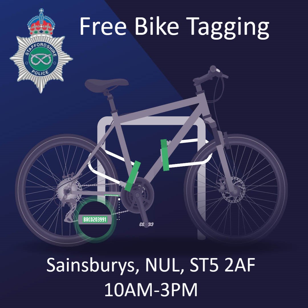 Local PCSO's Sebastian Newbon-Liddle and Jessica Yearsley, alongside officers from our Early Intervention Prevention Unit will be running a free bike tagging event taking place at Sainsburys on Thursday 29th February 2024. It will be taking place from 10am until 3pm.