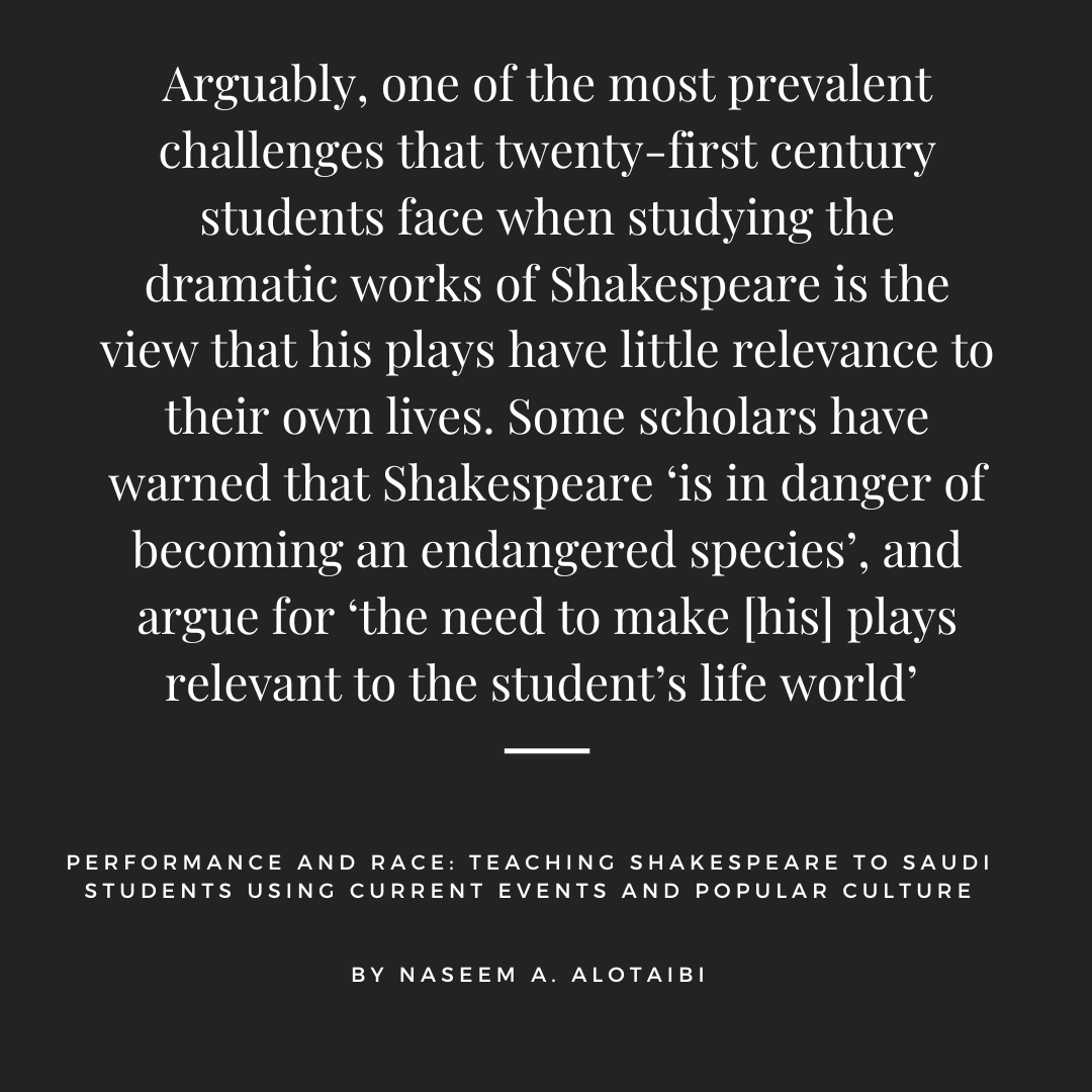 📢New Article Alert📢
<a href="/nsotaiby/">Dr. Naseem Alotaibi</a>'s insightful research explores teaching #Shakespeare to Saudi students amidst current events and pop culture, addressing issues of gender, religion, and race. #AcademicTwitter 

tandfonline.com/doi/full/10.10…