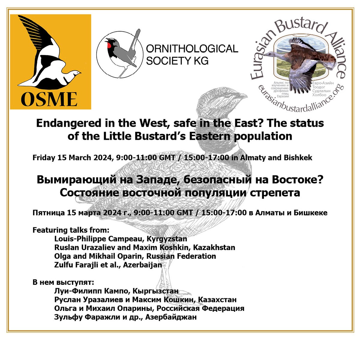 _OSME's tweet photo. We are delighted to be hosting online: 'Endangered in the West, safe in the East? The status of the Little Bustard’s Eastern population'. Friday 15th of March 2024, Time: 9:00-11:00 GMT/15:00-17:00 in Almaty and Bishkek. Register: https://t.co/RGfJ5Ro0TJ #OSMEregion #OSMEwork https://t.co/fMDncirp5S