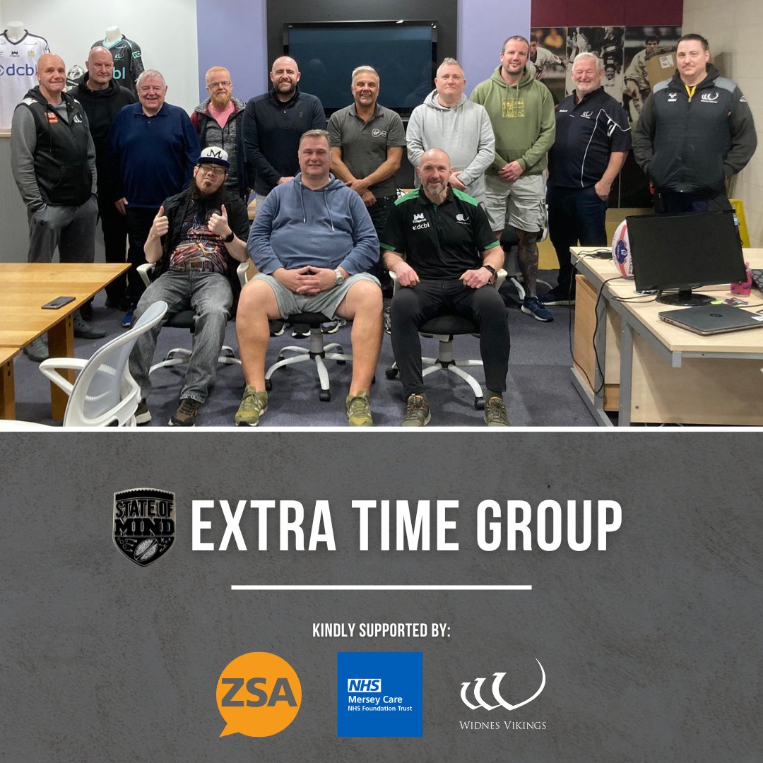It's time for this week's Extra Time Group session!

Join us tonight from 6:30pm at <a href="/WidnesRL/">Widnes Vikings</a>'s DCBL Stadium to discuss important topics related to boosting your mental fitness 👥🧠

🤝 Kindly supported by <a href="/Zer0Suicide/">Zero Suicide Alliance</a> &amp; <a href="/Mersey_Care/">Mersey Care NHS FT 🏳️‍🌈</a>